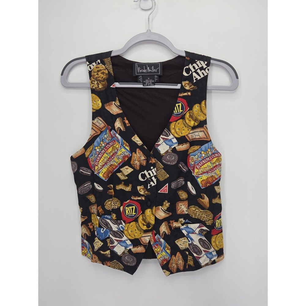 Vintage Nicole Miller Vest 100% Silk Snack Food Print Ritz Chips Ahoy Medium